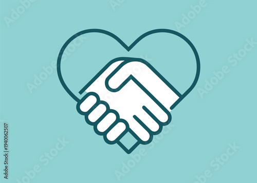 A graphic showing a white handshake inside a dark teal heart outline on a light blue background for business partnership or friendly agreement.