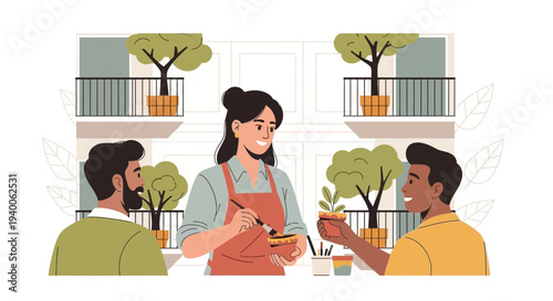 Diverse friends enjoying gardening and painting together on balconies, urban lifestyle