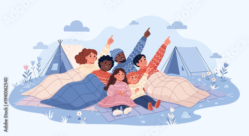 Diverse group of children and adults camping, pointing at the sky, enjoying nature and togetherness