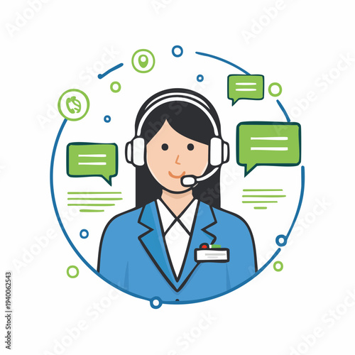 Customer service agent with headset, chat bubbles, and communication symbols, illustrating online support, helpdesk, and responsive client assistance
