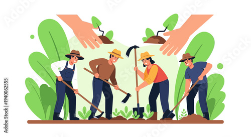 Diverse farmers planting trees together, community gardening, environmental protection, teamwork, sustainable agriculture