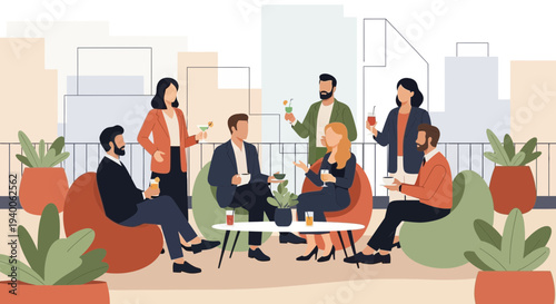 Diverse group of people enjoying a rooftop party with drinks and conversation