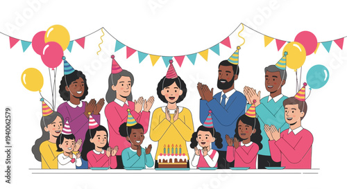 Diverse group of people celebrating a birthday with cake, balloons, and party hats
