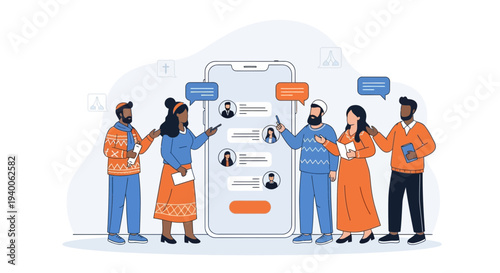 Diverse group of people interacting with a smartphone app, communication and technology concept