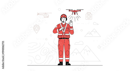 Drone operator in rescue uniform with drone and medical symbols, emergency services concept