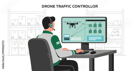 Drone Traffic Controller Monitoring Airspace With Computer And Drone Navigation System