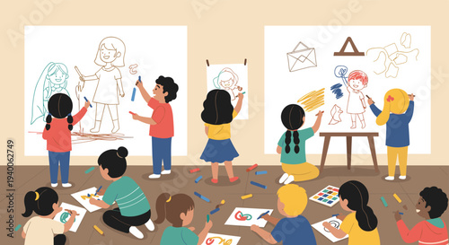 Large group of children enjoys a creative art class by drawing on a big wall and on papers on the floor in a bright classroom.