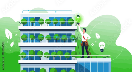 Eco-friendly building with green terraces and a man changing a lightbulb, sustainable energy concept