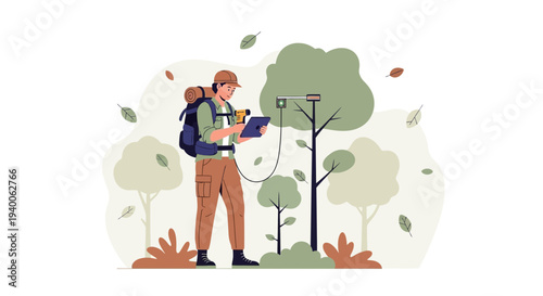 Ecologist with backpack and tablet monitors tree health using sensor in forest
