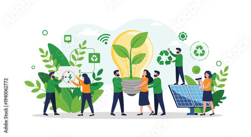 Eco friendly team works together around a giant light bulb with a plant inside to promote green energy and sustainable living.