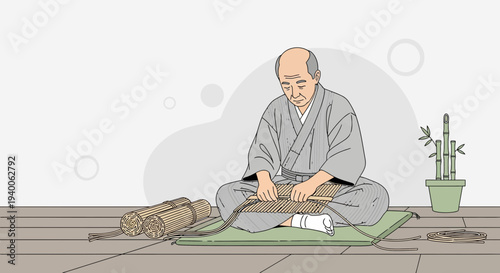 Elderly Japanese man weaving bamboo craft, traditional artisan skill, serene atmosphere