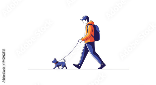 Young man wearing an orange jacket and blue trousers walks his small pet dog on a leash against a white background.