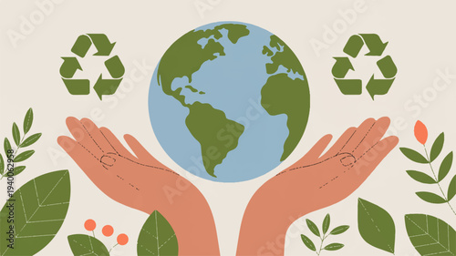 Protect our planet concept earth floating in hands with recycling symbols and leaves
