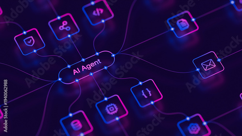 AI agentic workflow automation artificial intelligence agent software interface nodes triggers data tool dashboard coding icon flow process database technology 3d rendering.
