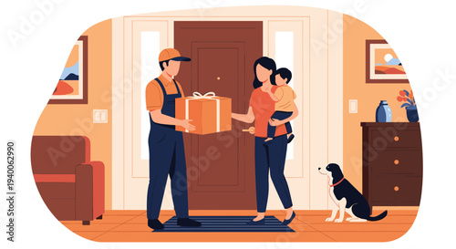 Professional delivery courier hands over a cardboard parcel to a mother holding her young child at the entrance of their home.