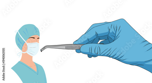 Surgeon wearing a surgical mask and cap uses tweezers to perform a precise medical or cosmetic procedure on a patient's face.