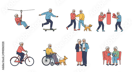 Collection of senior people engaging in active lifestyle pursuits like cycling, boxing, skateboarding, reading, and walking their dog.