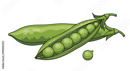 Fresh green pea pods with one pod open to reveal a row of round peas and one single pea sitting nearby on white surface.