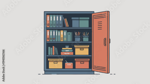 Secure metal locker with open door storing files and documents in organized shelves