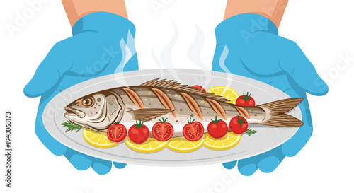 Chef wearing blue gloves presents a beautifully garnished platter of whole grilled fish served with lemon slices and cherry tomatoes.