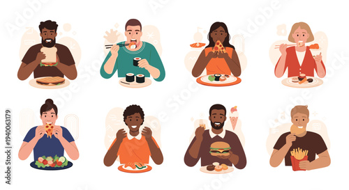Diverse group of men and women enjoying different meals including pizza, sushi, burgers, salads, and sandwiches in a casual setting.