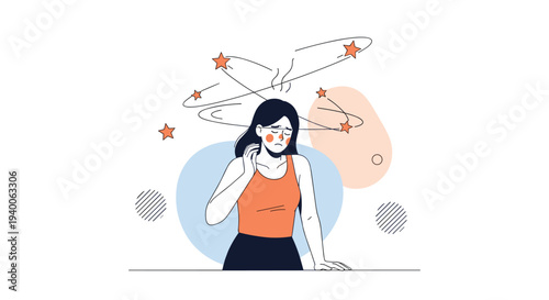 Young woman in an orange tank top feels dizzy or faint with swirling stars and lines around her head to indicate sickness.