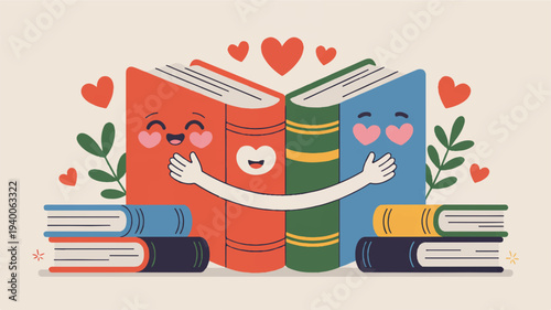 Vector illustration of smiling books hugging with hearts and plants on beige background symbolizing love for reading and literature in a playful graphic