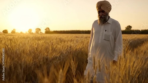 Elderly Indian farmer with a turban and beard walks through his golden wheat field at beautiful sunset, inspecting the ripened crop.