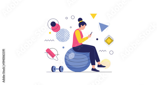 Young woman in sportswear sits on a blue exercise ball and looks at her smartphone surrounded by abstract geometric shapes.