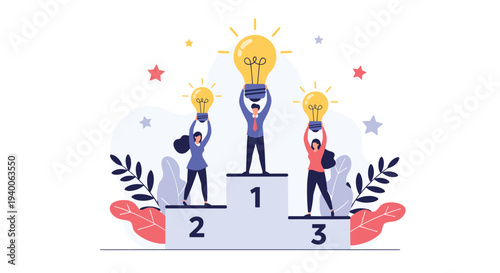 Three people stand on a competition podium holding large glowing light bulbs to represent being the best in innovation and ideas.