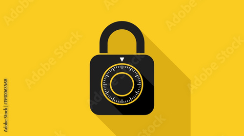 Black padlock symbolizing privacy, protection, and digital security, minimalist design on bright yellow background with shadow, emphasizing strong safeguarding