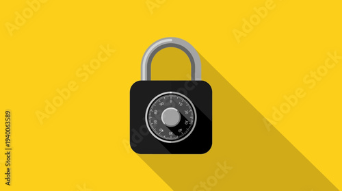 Black padlock symbolizing privacy, protection, and digital security, minimalist design on bright yellow background with shadow, emphasizing strong safeguarding
