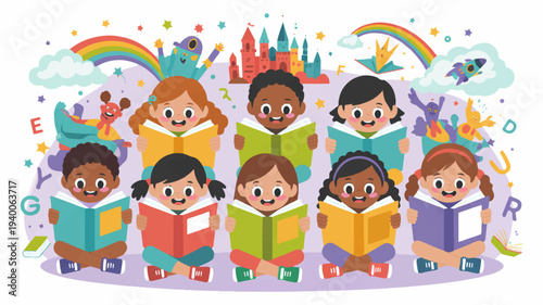 Diverse children reading books happily together in colorful illustration with rainbow and castle