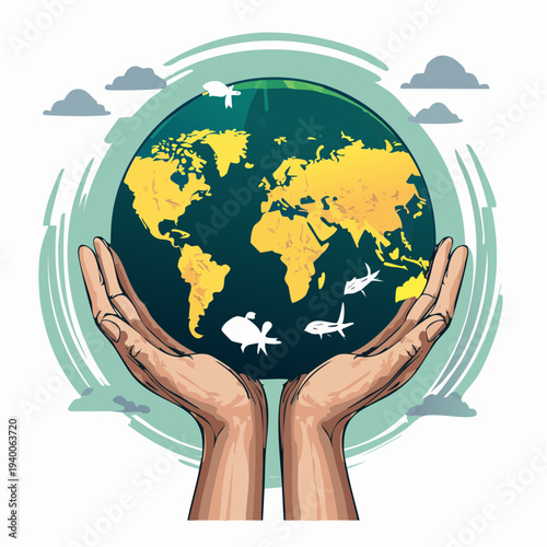 A pair of human hands gently holding and protecting the planet Earth.