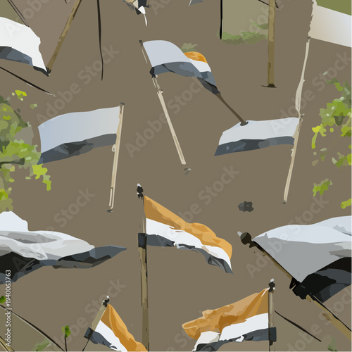 Stylized illustration of multiple flags waving on flagpoles.