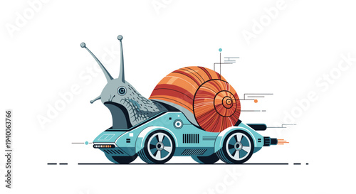 Creative illustration of a snail with a large orange shell driving a futuristic blue vehicle with glowing lights and thrusters.