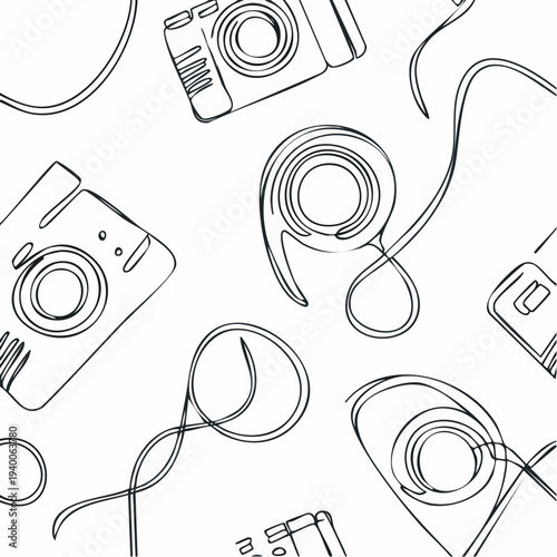 Seamless pattern of vintage film cameras and film rolls in continuous line art style.