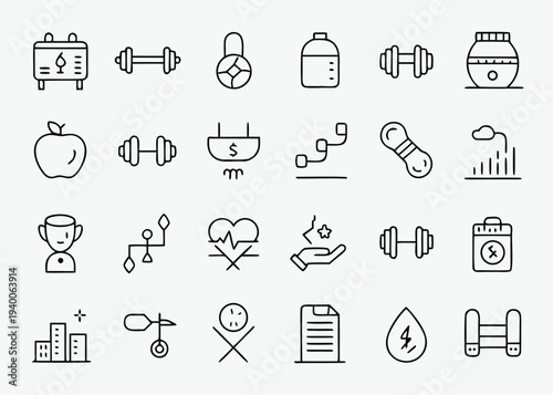 A collection of twenty-four black linear gym and fitness icons including weights and health symbols is displayed in a grid on a light grey background.