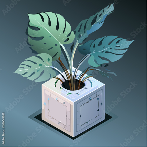 Stylized Monstera Deliciosa plant in a modern technological cube planter.