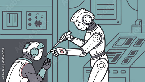 Artificial Intelligence Robot Illustration Set for Data Analysis, Research, and Future Technology