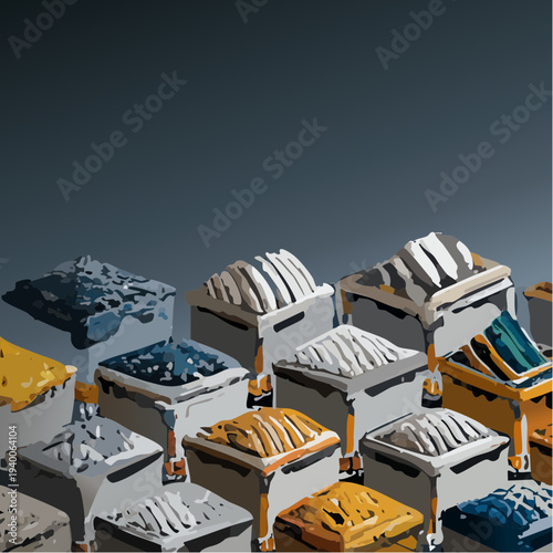 Collection of Industrial Bins with Raw Materials on White Background.