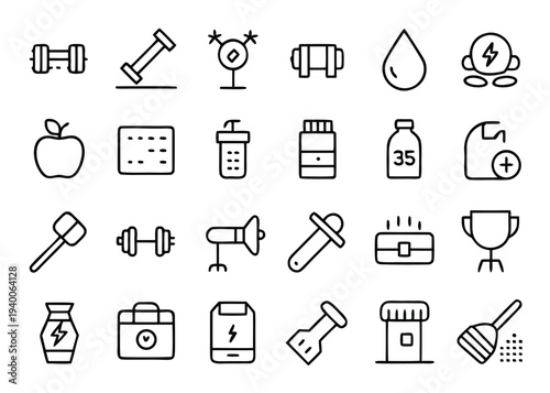 Twenty-four black line icons depicting fitness supplements and gym equipment are showcased in a neat grid pattern on a plain white background.