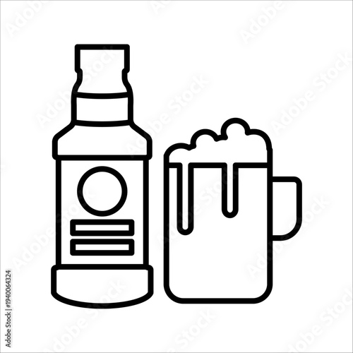 Beer and alcohol beverage symbol set, glass mug with foam and bottle graphic for bar menu, pub signage, or party event.