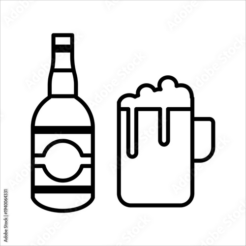 Minimalist beer bottle and foaming beer mug icon, black silhouette flat vector illustration isolated on white background.
