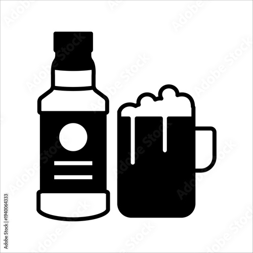 Beer and alcohol beverage symbol set, glass mug with foam and bottle graphic for bar menu, pub signage, or party event.