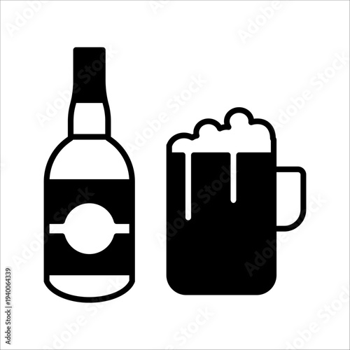 Minimalist beer bottle and foaming beer mug icon, black silhouette flat vector illustration isolated on white background.
