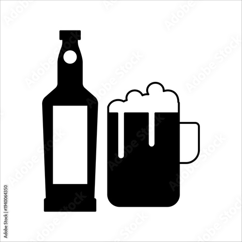 Beer and alcohol beverage symbol set, glass mug with foam and bottle graphic for bar menu, pub signage, or party event.