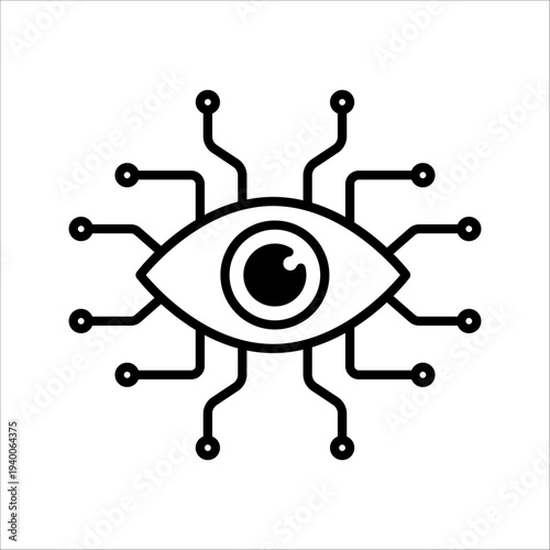 A stylized digital eye surrounded by interconnected circuit paths, symbolizing high-tech security, smart scanning, or biometric recognition.