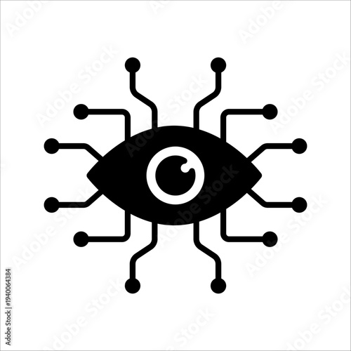 Cyber eye icon with circuit board traces, minimalist black silhouette vector illustration isolated on a white background.
