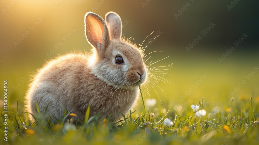 Fototapeta premium Cute Little Bunny in Meadow with Warm Sunset Light